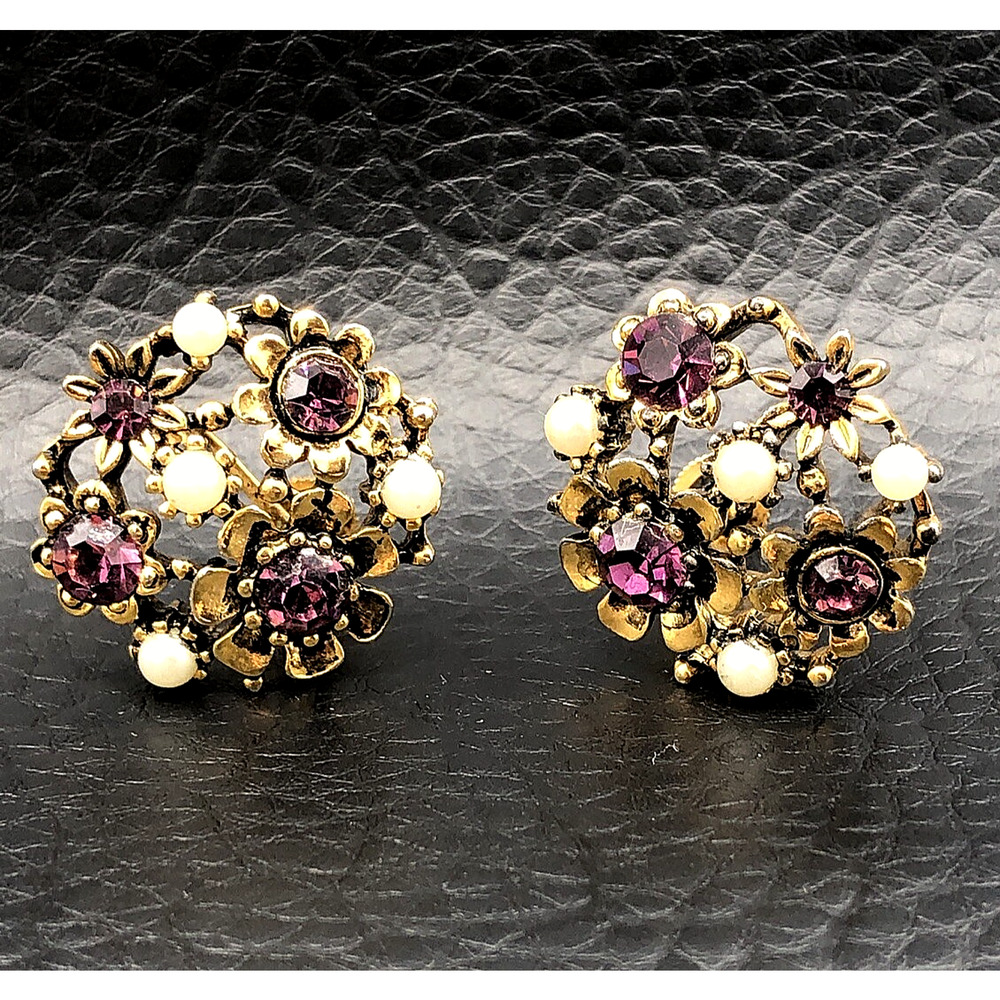 Vintage Lisner Earrings Screw Back Purple Rhinestone Faux Pearl Flower Gold Tone